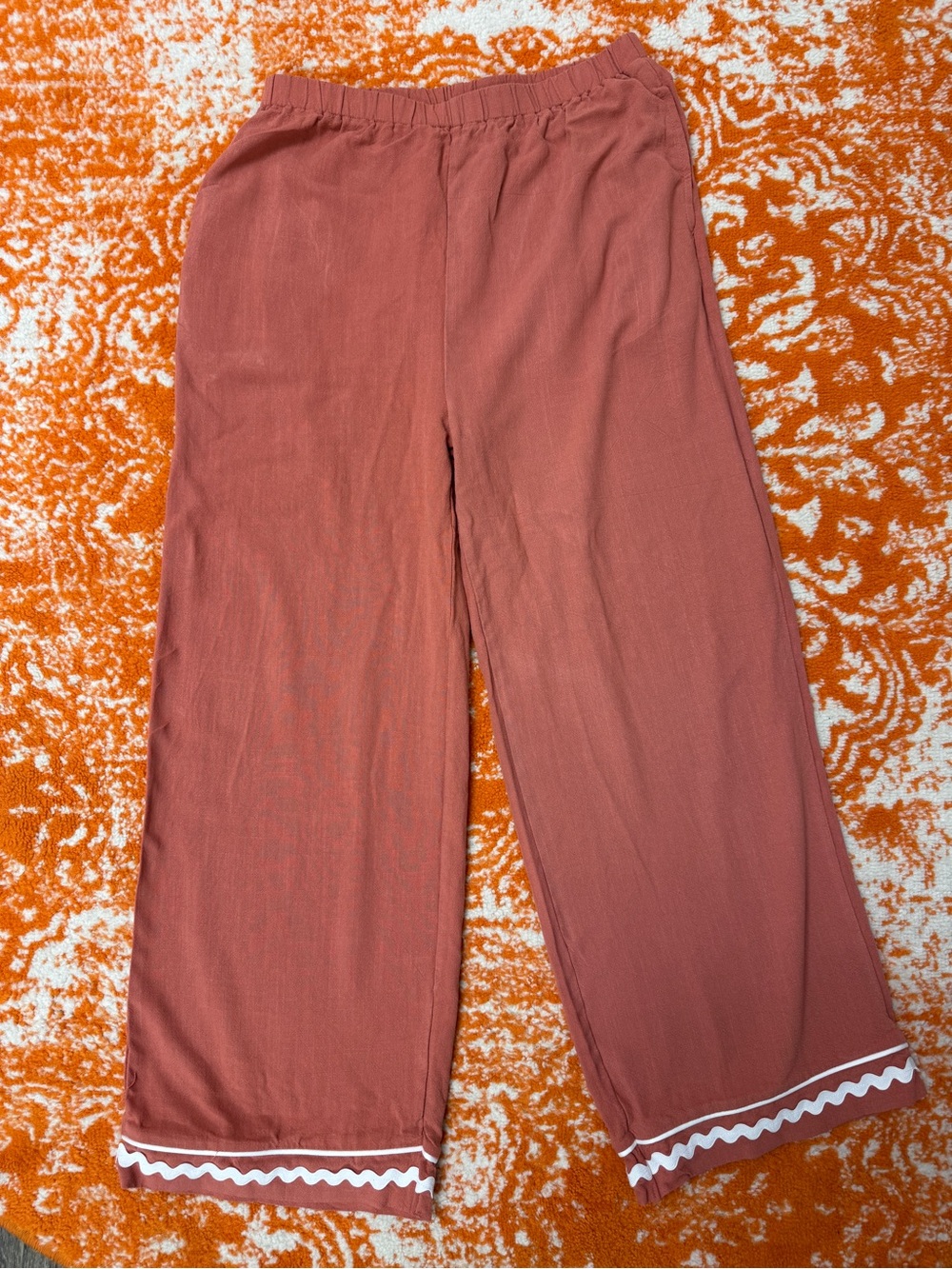 Rust Wide-Leg Boho  Pants with Trim